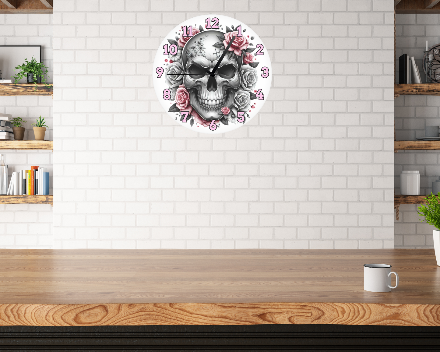 PINK ROSE SKULL WALL CLOCK