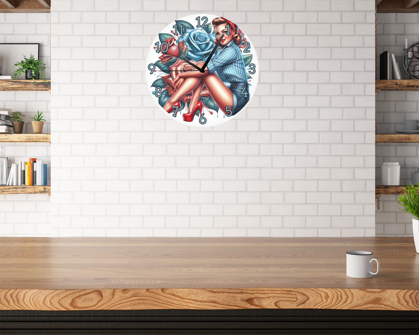 BLUE PINUP GIRL WALL CLOCK