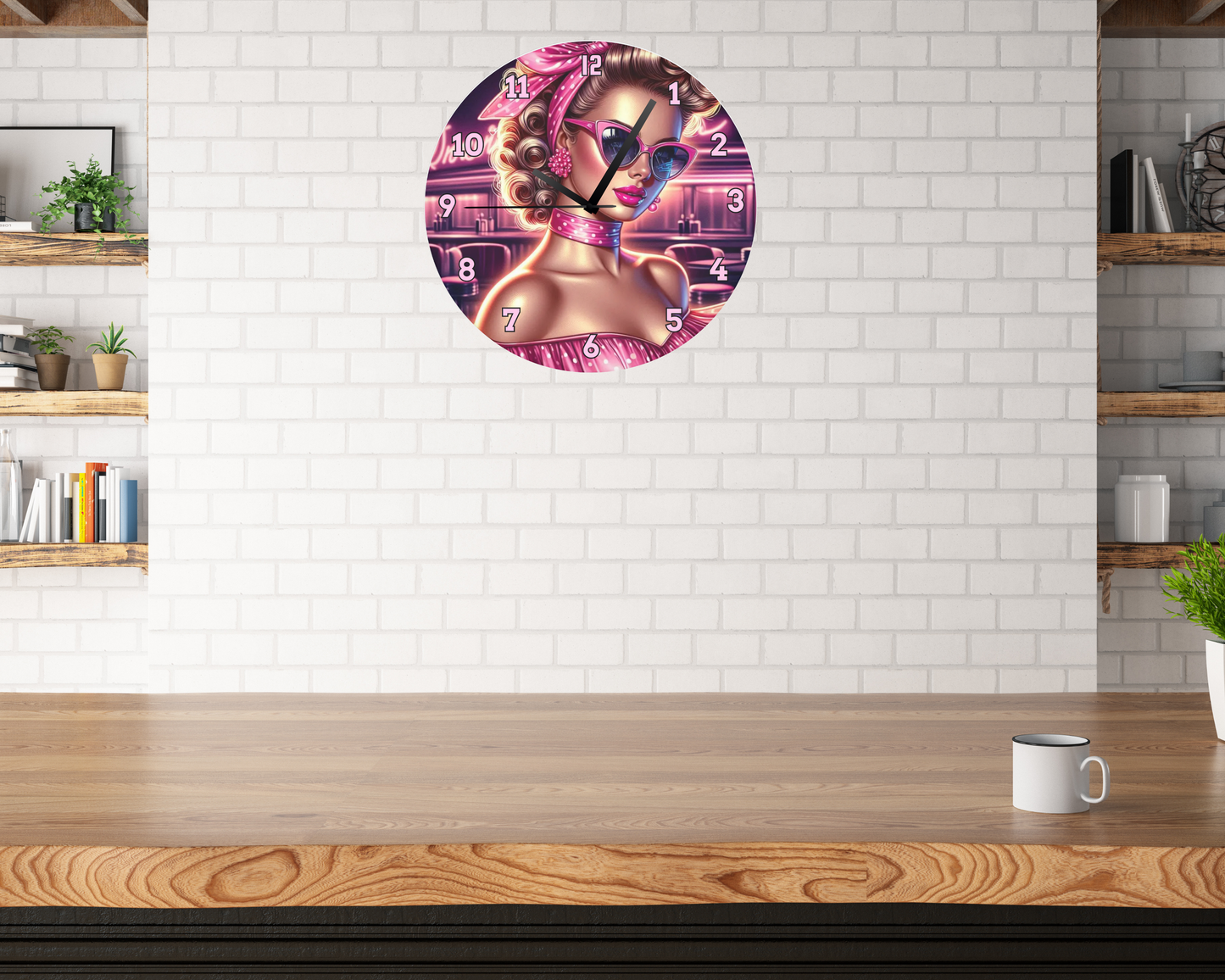 PINK POLKA DOT ROCKER CHICK WALL CLOCK
