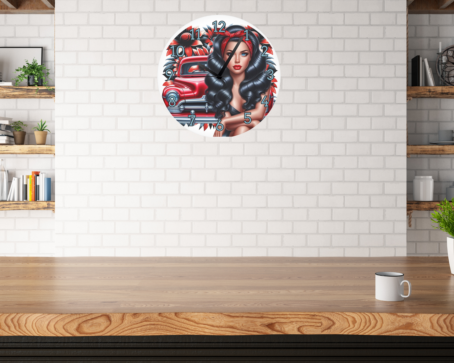 PINUP GIRL WITH VINTAGE CAR WALL CLOCK