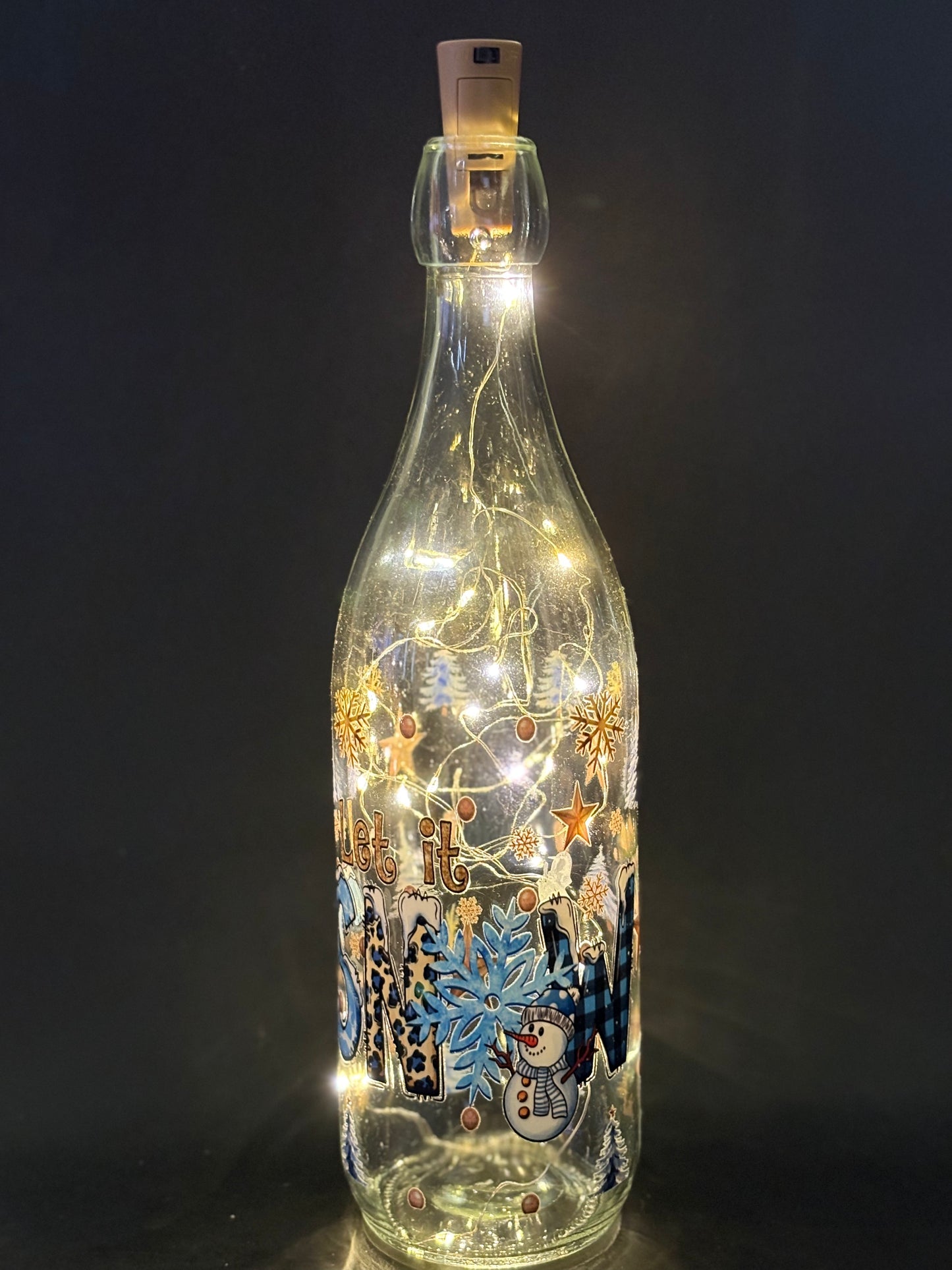 CHRISTMAS GLASS BOTTLE WITH LIGHTS-LET IT SNOW