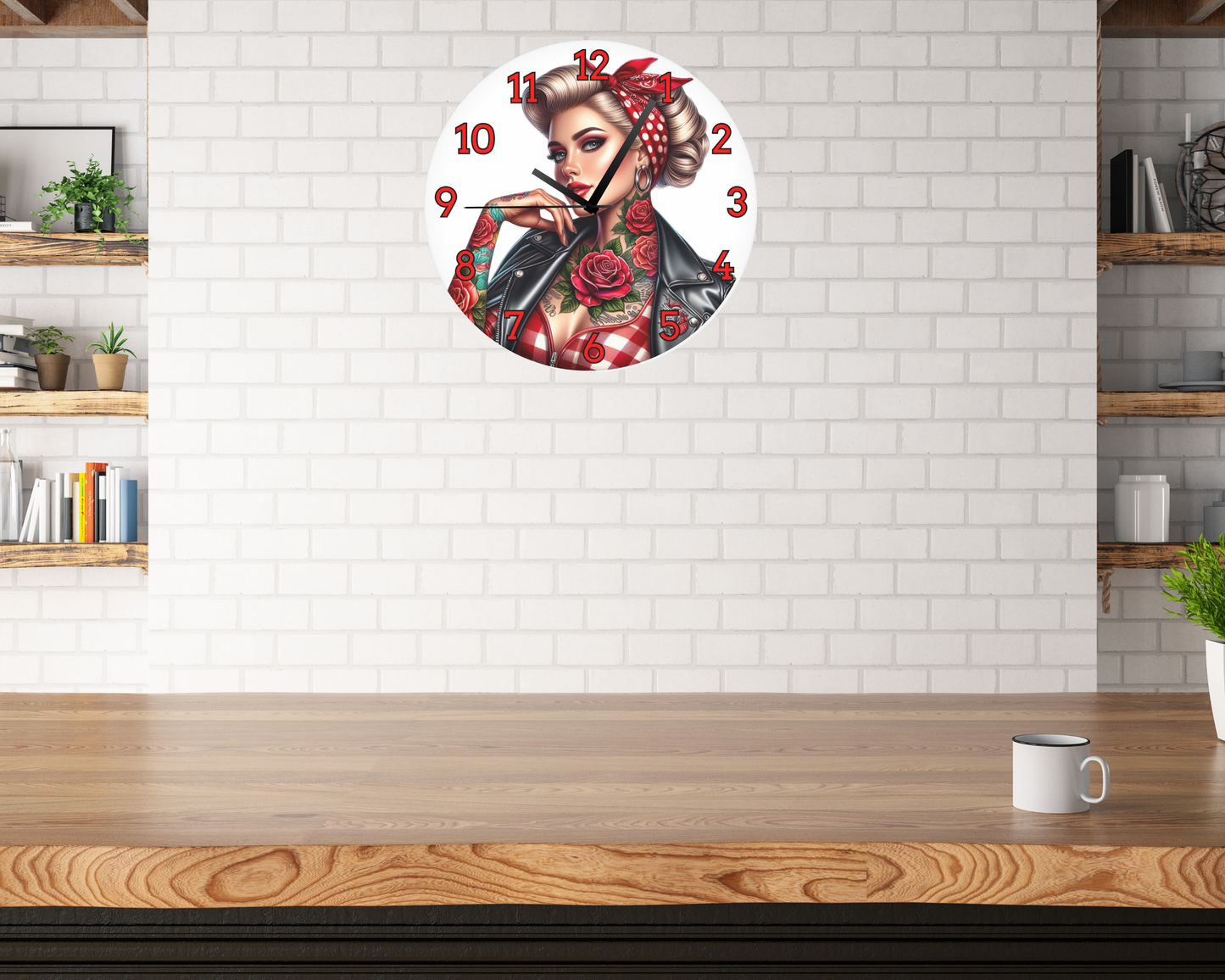LEATHER CLAD PINUP GIRL WALL CLOCK