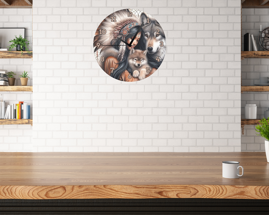 INDIAN GIRL WITH WOLVES WALL CLOCK