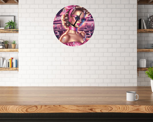 PINK POLKA DOT ROCKER CHICK WALL CLOCK