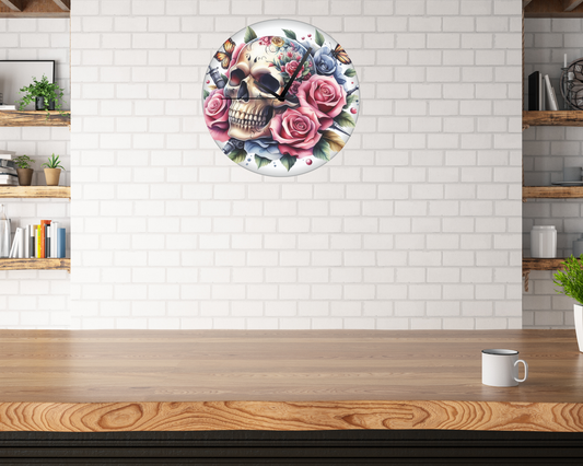 FLORAL SKULL WALL CLOCK