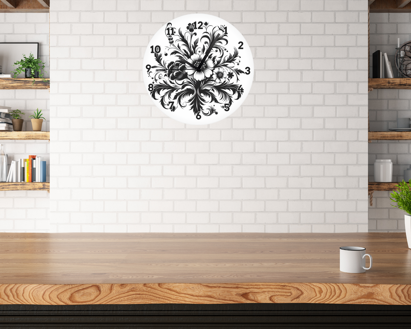 BLACK & WHITE FLORAL CLOCK