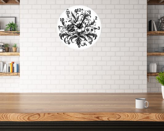 BLACK & WHITE FLORAL CLOCK