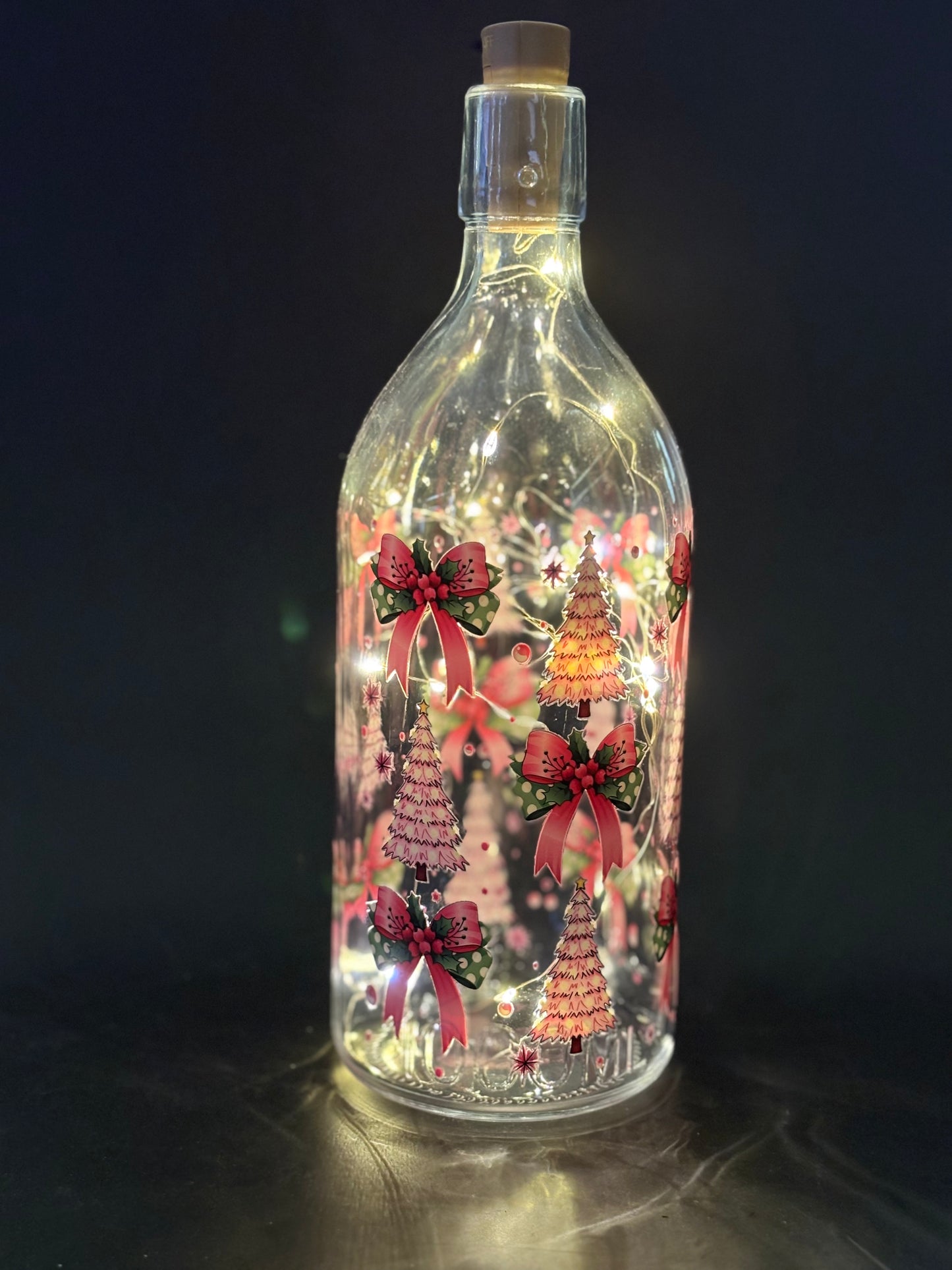 XMAS GLASS LIGHTS BOTTLE- TREES AND BOWS
