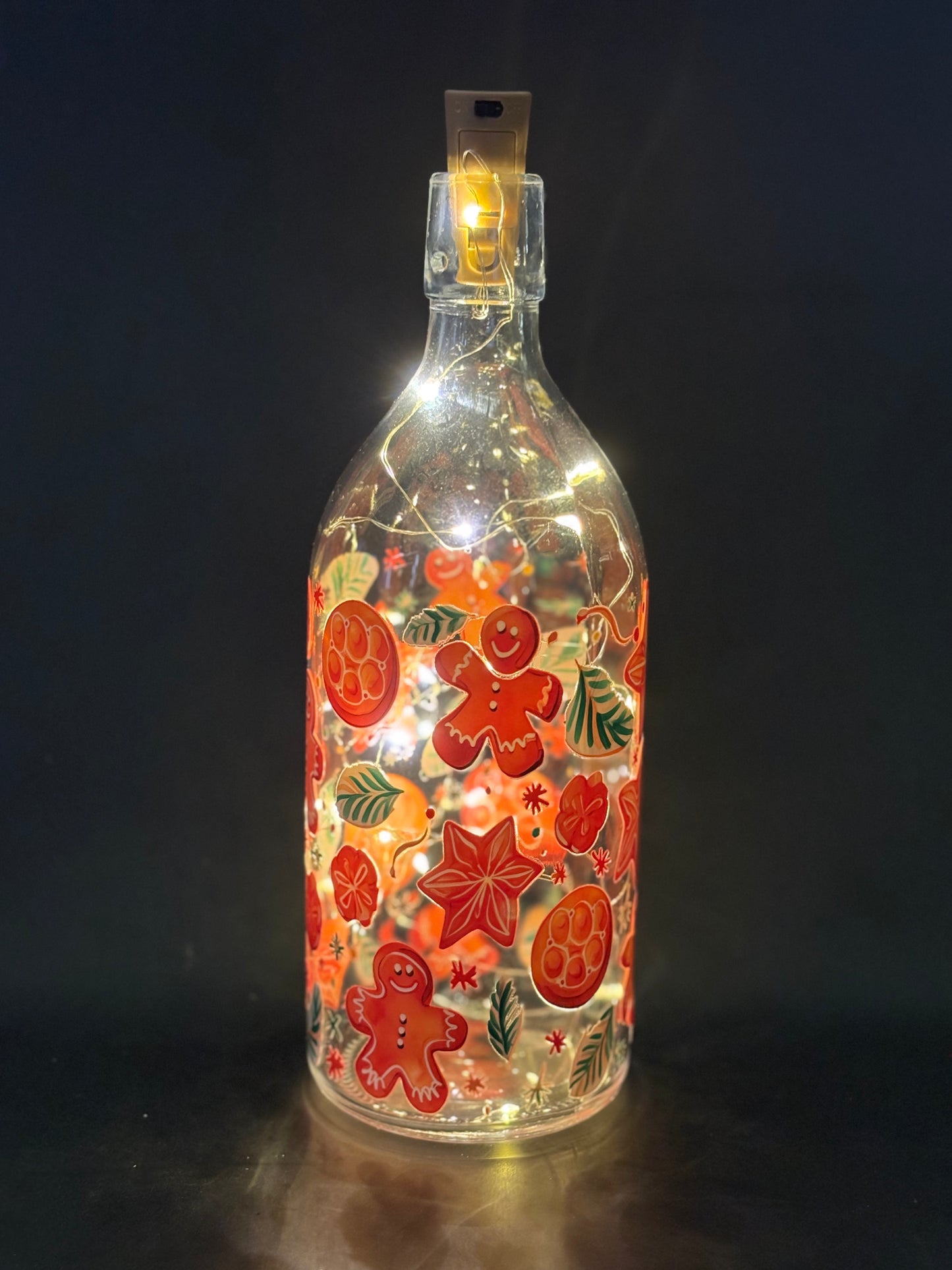 XMAS GLASS LIGHTS BOTTLE- ORANGE GINGERBREAD MAN