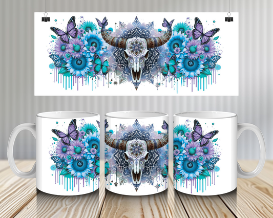 15oz COFFEE MUG- BLUE COW SKULL